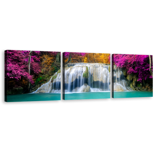 Erawan Falls Canvas Wall Art, Thailand Waterfall Canvas Print, Colorful Autumn Forest Waterfall 3 Piece Multi Canvas