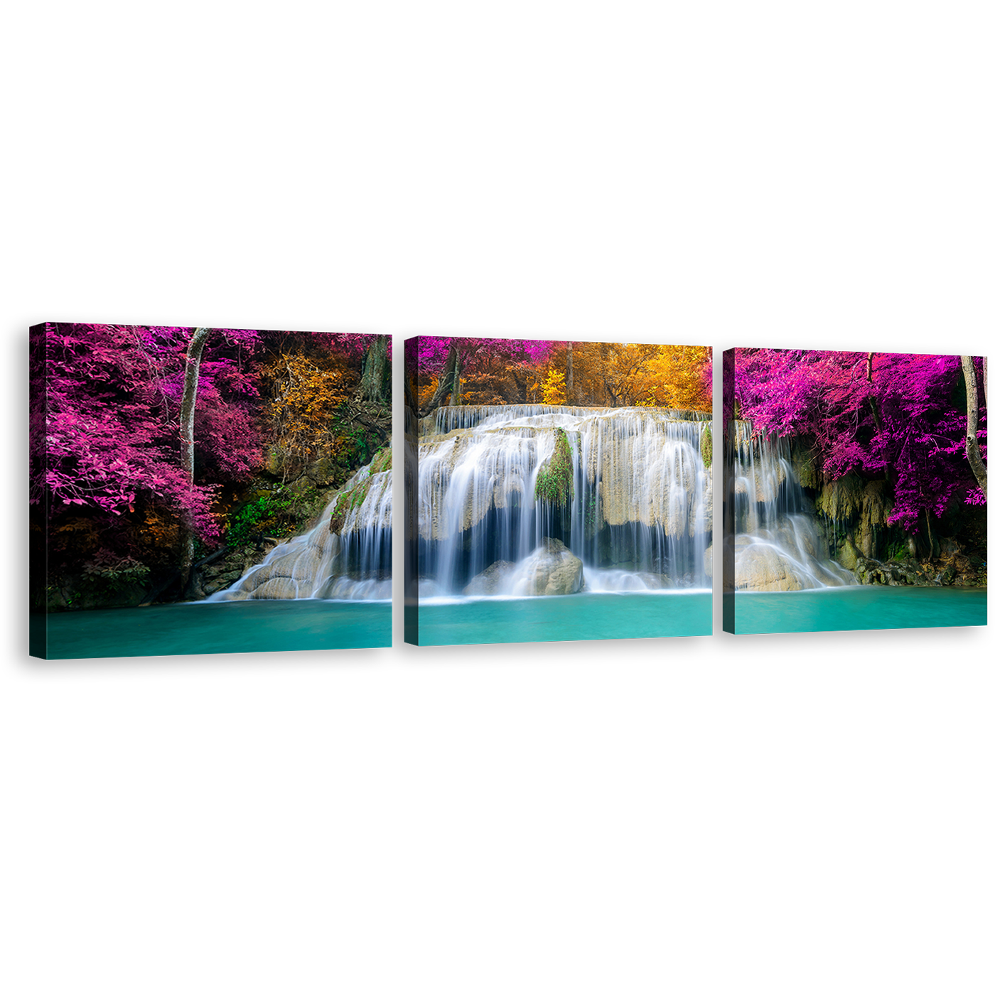 Erawan Falls Canvas Wall Art, Thailand Waterfall Canvas Print, Colorful Autumn Forest Waterfall 3 Piece Multi Canvas