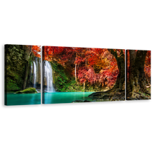 Load image into Gallery viewer, Erawan Waterfall Canvas Print, Thailand Waterfall Forest Canvas Set, Hin Rong Kla National Park 3 Piece Multi Canvas, Green Red Autumn Trees Scenery Canvas Wall Art
