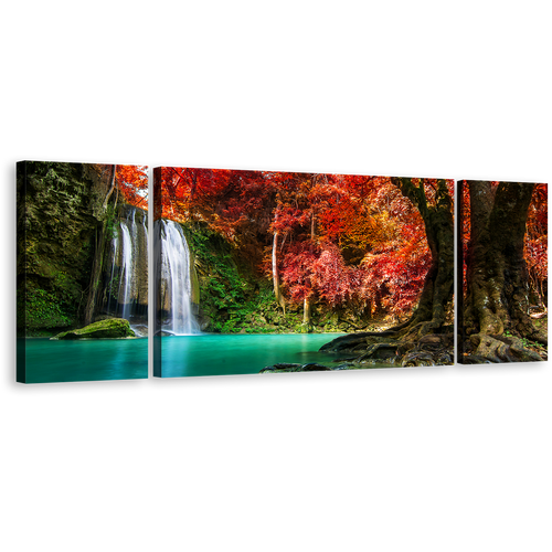 Erawan Waterfall Canvas Print, Thailand Waterfall Forest Canvas Set, Hin Rong Kla National Park 3 Piece Multi Canvas, Green Red Autumn Trees Scenery Canvas Wall Art