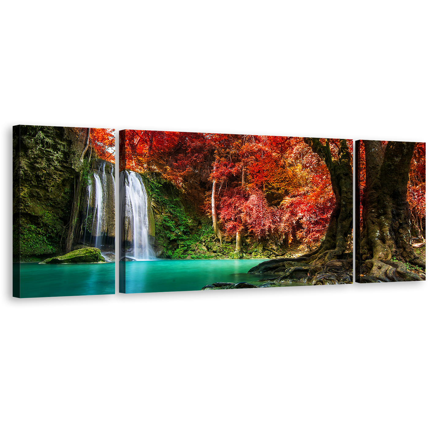 Erawan Waterfall Canvas Print, Thailand Waterfall Forest Canvas Set, Hin Rong Kla National Park 3 Piece Multi Canvas, Green Red Autumn Trees Scenery Canvas Wall Art