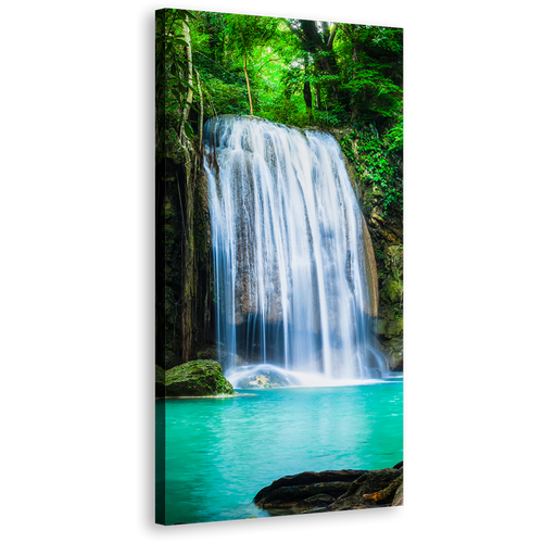 Erawan Waterfall Canvas Wall Art, River Kwai 1 Piece Canvas Print, White Erawan National Park Waterfall Wide Canvas, Thailand Green Forest Canvas Artwork