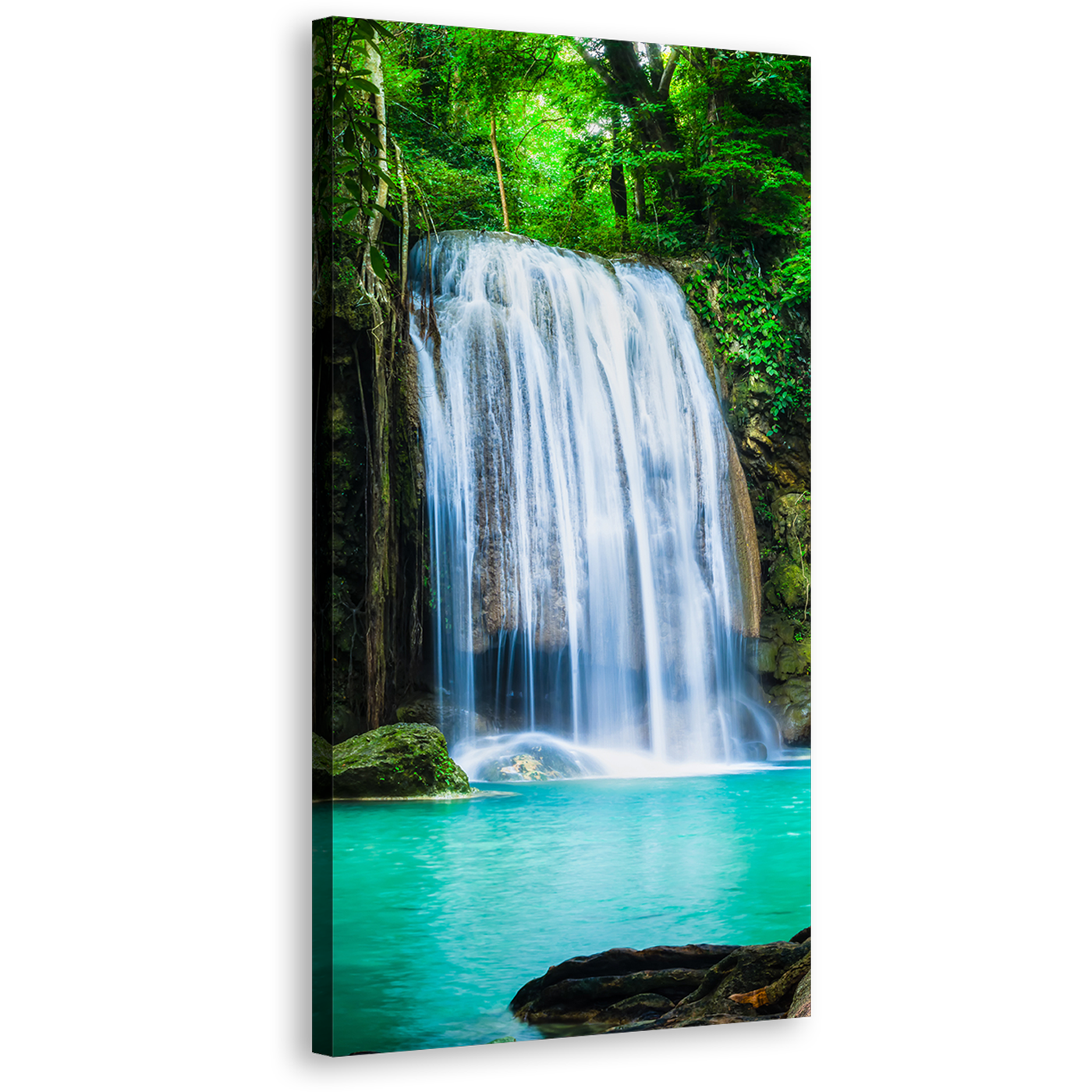 Erawan Waterfall Canvas Wall Art, River Kwai 1 Piece Canvas Print, White Erawan National Park Waterfall Wide Canvas, Thailand Green Forest Canvas Artwork