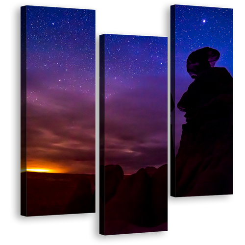 Goblin Valley Canvas Wall Art, Blue Purple Night Sky Stars Panoramic Canvas Print, Eroded Hoodoos Desert Mountains Landscape 1 Piece Canvas