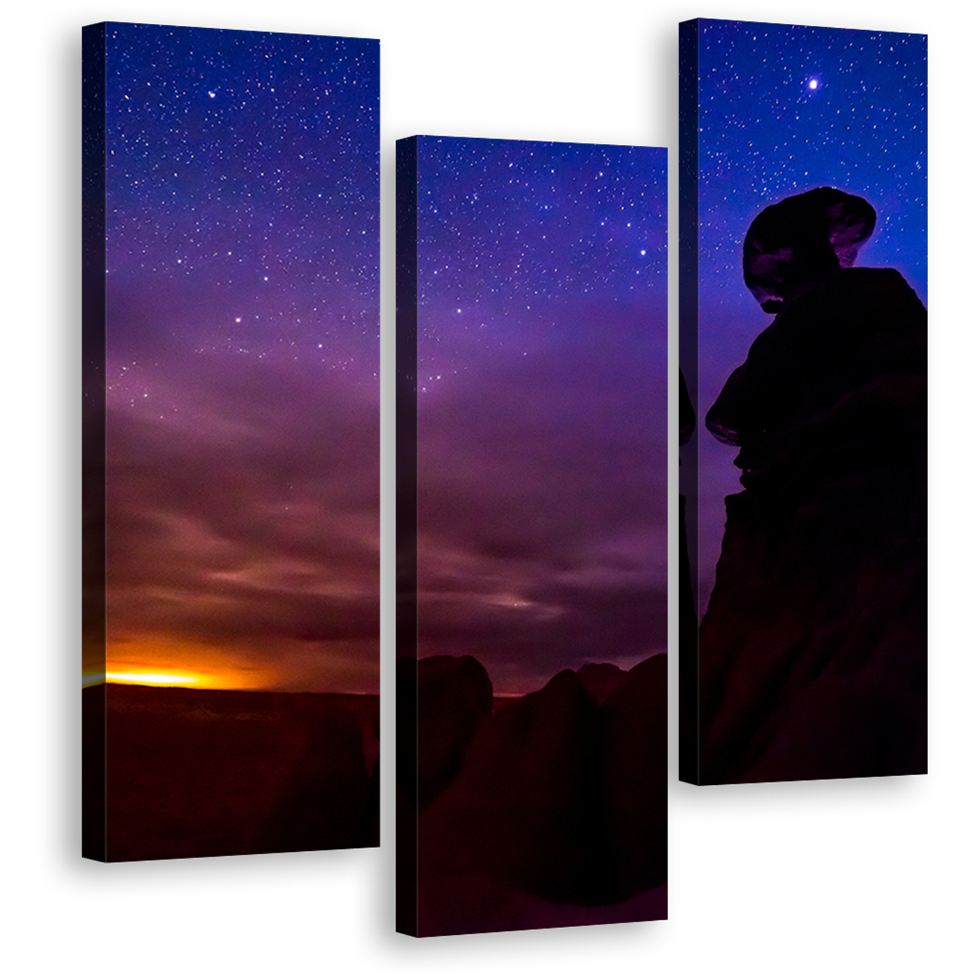 Goblin Valley Canvas Wall Art, Blue Purple Night Sky Stars Panoramic Canvas Print, Eroded Hoodoos Desert Mountains Landscape 1 Piece Canvas