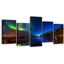 Load image into Gallery viewer, Ersfjord Aurora Canvas Print, Amazing Orange Polar Lights Multi Canvas, Dramatic Green Sky Norway&#39;s Mountains 5 Piece Wall Art
