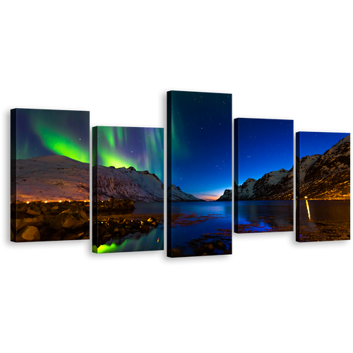 Ersfjord Aurora Canvas Print, Amazing Orange Polar Lights Multi Canvas, Dramatic Green Sky Norway's Mountains 5 Piece Wall Art