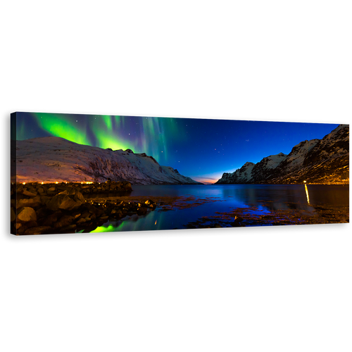 Ersfjord Toms Canvas Wall Art, Majestic Blue Green Aurora Norway Polar Lights Over Serene Waters 1 Piece Canvas Print