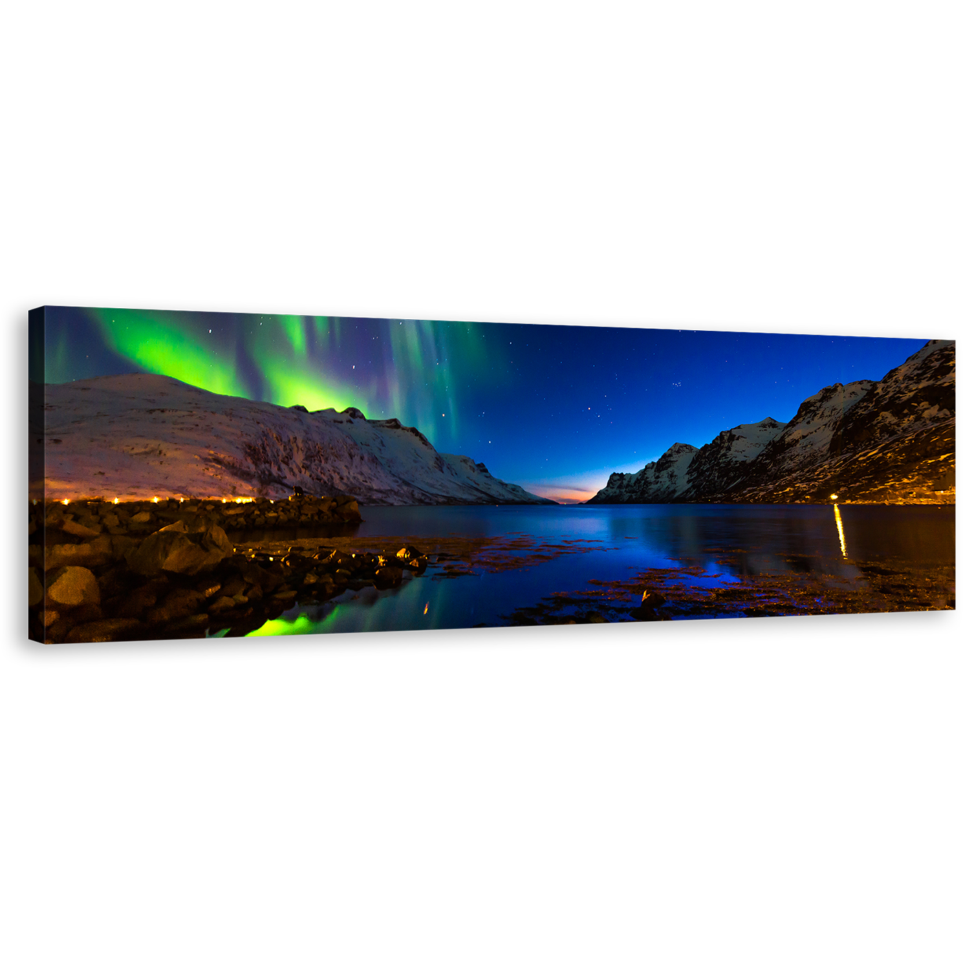 Ersfjord Toms Canvas Wall Art, Majestic Blue Green Aurora Norway Polar Lights Over Serene Waters 1 Piece Canvas Print