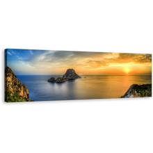 Load image into Gallery viewer, Es Vedra Canvas Print, Ibiza Island Yellow Sunset Canvas Wall Art, Ocean Mountain Blue Sky Sea Panorama Canvas Artwork
