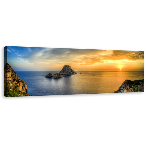 Es Vedra Canvas Print, Ibiza Island Yellow Sunset Canvas Wall Art, Ocean Mountain Blue Sky Sea Panorama Canvas Artwork