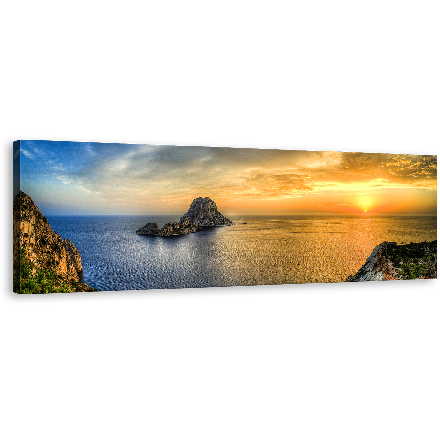 Es Vedra Canvas Print, Ibiza Island Yellow Sunset Canvas Wall Art, Ocean Mountain Blue Sky Sea Panorama Canvas Artwork