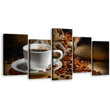 Load image into Gallery viewer, Espresso Coffee Canvas Wall Art, White Coffee Mug 5 Piece Canvas Print, Brown Coffee Beans Canvas Set
