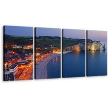 Load image into Gallery viewer, Etretat Cliff Canvas Print, Orange Lights City Beach 4 Piece Canvas Set, Green Village Cliff Ocean Canvas Wall Art, Blue Normandy France Sea Multi Canvas
