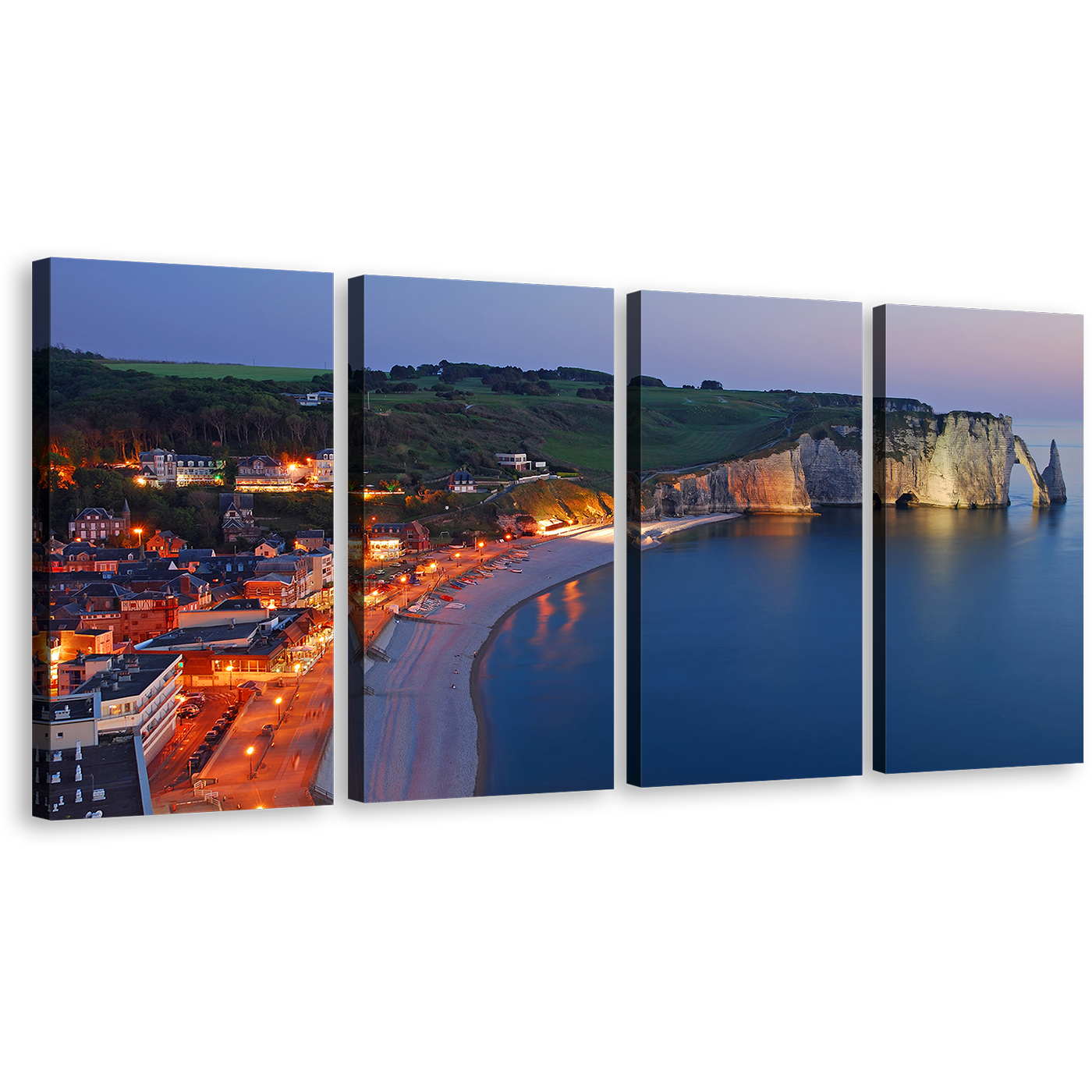 Etretat Cliff Canvas Print, Orange Lights City Beach 4 Piece Canvas Set, Green Village Cliff Ocean Canvas Wall Art, Blue Normandy France Sea Multi Canvas