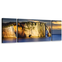 Load image into Gallery viewer, Etretat Ocean Canvas Wall Art, Falaise d&#39;Amont Cliff 3 Piece Canvas Print, Blue Cliff Beach Multi Canvas, Normandy France Yellow Ocean Mountains Canvas Set
