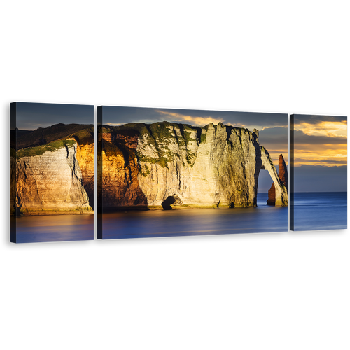 Etretat Ocean Canvas Wall Art, Falaise d'Amont Cliff 3 Piece Canvas Print, Blue Cliff Beach Multi Canvas, Normandy France Yellow Ocean Mountains Canvas Set