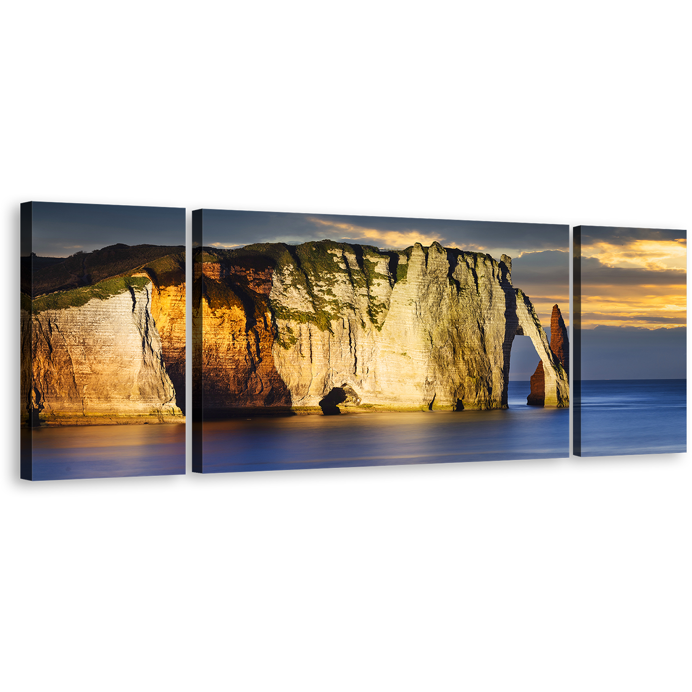 Etretat Ocean Canvas Wall Art, Falaise d'Amont Cliff 3 Piece Canvas Print, Blue Cliff Beach Multi Canvas, Normandy France Yellow Ocean Mountains Canvas Set