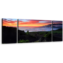 Load image into Gallery viewer, Europe Mountains Canvas Print, Green La Palma Spain Landscape 3 Piece Canvas Wall Art, Red Yellow Cloudy Sunset Sky Triptych Canvas Set
