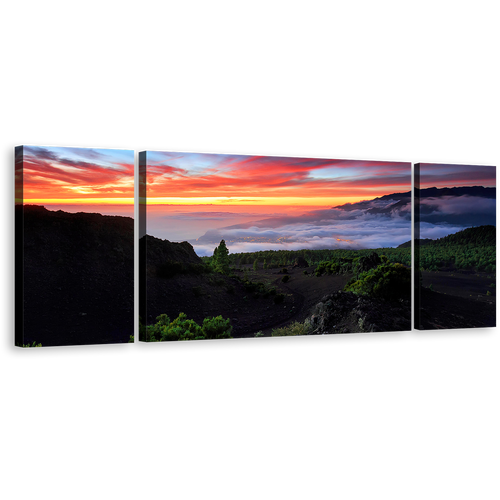 Europe Mountains Canvas Print, Green La Palma Spain Landscape 3 Piece Canvas Wall Art, Red Yellow Cloudy Sunset Sky Triptych Canvas Set