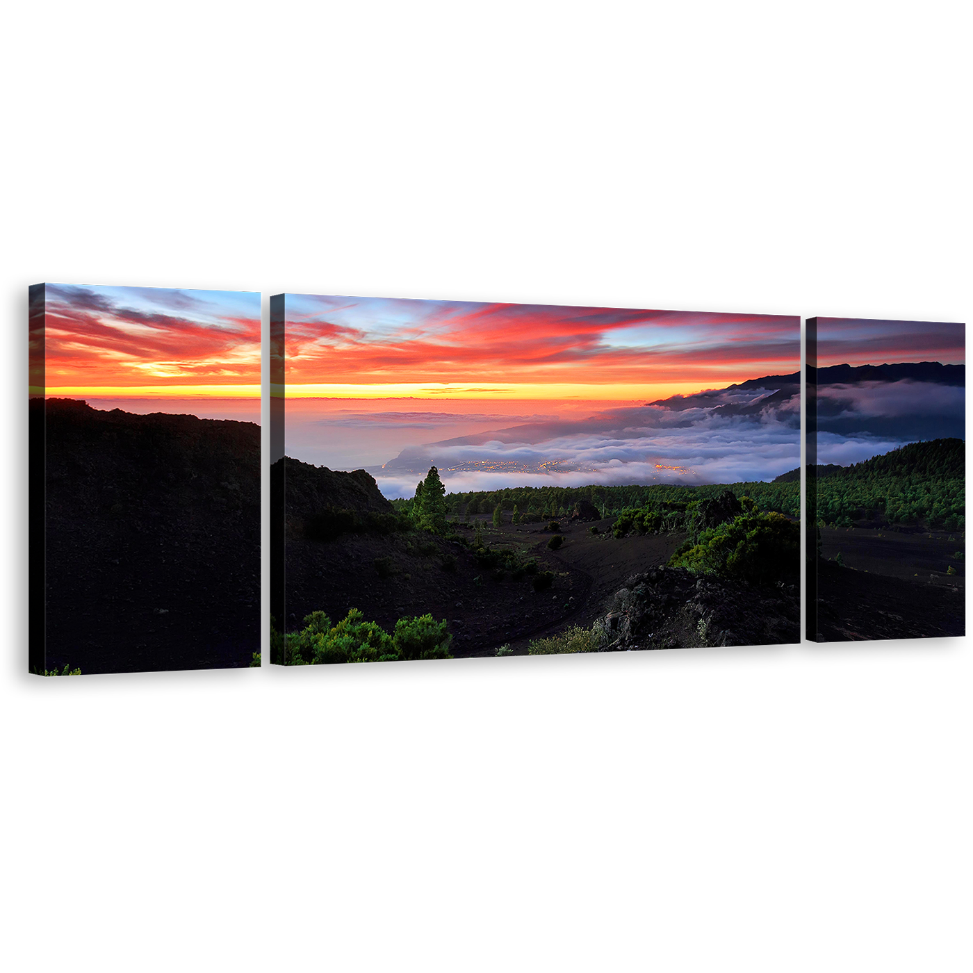 Europe Mountains Canvas Print, Green La Palma Spain Landscape 3 Piece Canvas Wall Art, Red Yellow Cloudy Sunset Sky Triptych Canvas Set