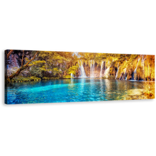 Load image into Gallery viewer, Europe Nature Canvas Wall Art, Lakes National Park Waterfall Canvas Artwork, Blue Water Scenery 1 Piece Canvas, Yellow Sunset Forest Waterfall Canvas Print
