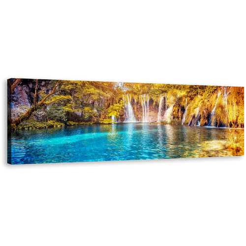 Europe Nature Canvas Wall Art, Lakes National Park Waterfall Canvas Artwork, Blue Water Scenery 1 Piece Canvas, Yellow Sunset Forest Waterfall Canvas Print