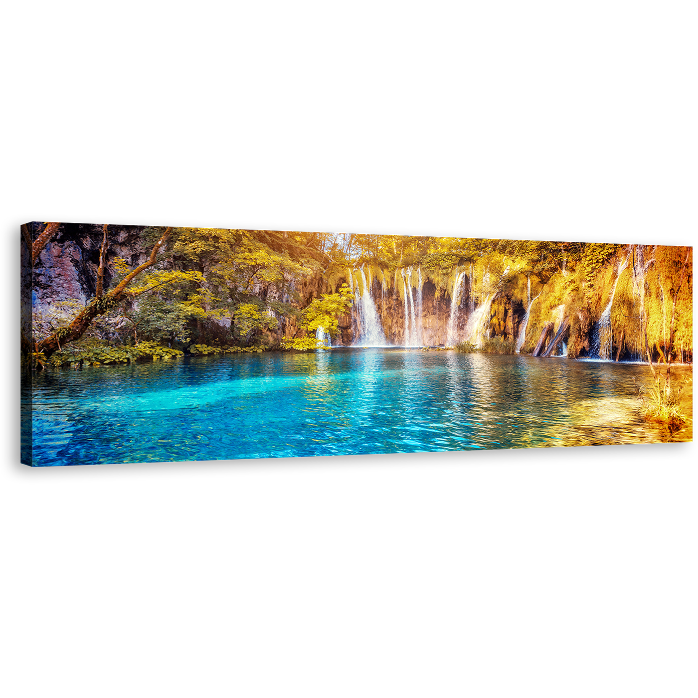 Europe Nature Canvas Wall Art, Lakes National Park Waterfall Canvas Artwork, Blue Water Scenery 1 Piece Canvas, Yellow Sunset Forest Waterfall Canvas Print