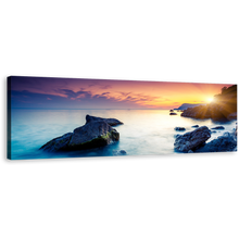 Load image into Gallery viewer, Europe Ocean Canvas Wall Art, Blue Ukraine Ocean Rocks Boulders 1 Piece Canvas Print, Crimea Dramatic Yellow Sunset Sky Canvas Artwork
