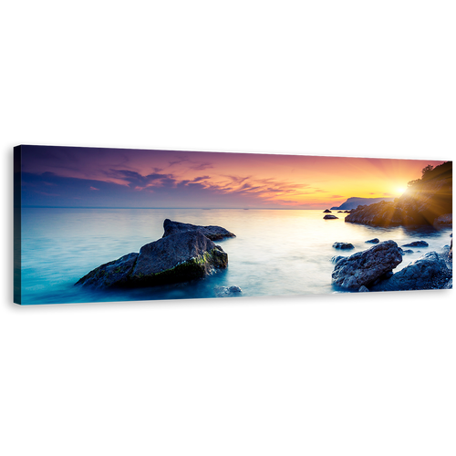 Europe Ocean Canvas Wall Art, Blue Ukraine Ocean Rocks Boulders 1 Piece Canvas Print, Crimea Dramatic Yellow Sunset Sky Canvas Artwork