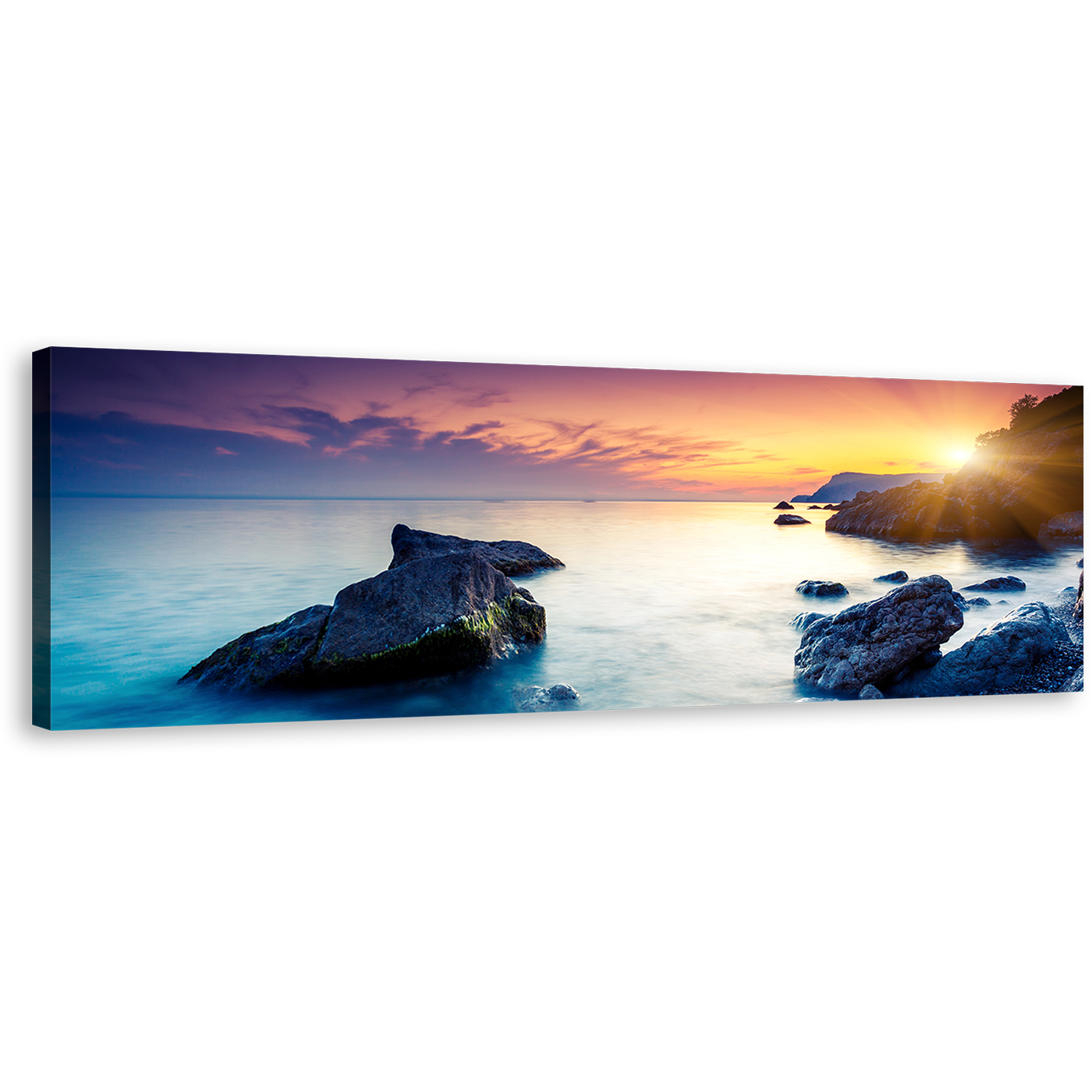 Europe Ocean Canvas Wall Art, Blue Ukraine Ocean Rocks Boulders 1 Piece Canvas Print, Crimea Dramatic Yellow Sunset Sky Canvas Artwork