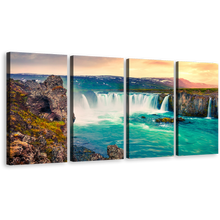 Load image into Gallery viewer, Europe Waterfall Canvas Wall Art, Brown Landscape Godafoss Waterfall 4 Piece Canvas Print, Sea Green Skjalfandafljot River Multiple Canvas
