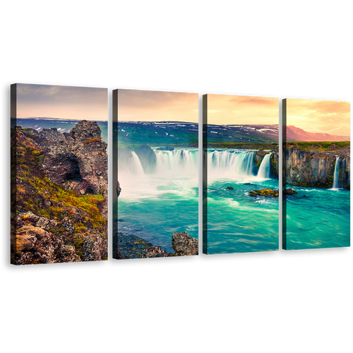 Europe Waterfall Canvas Wall Art, Brown Landscape Godafoss Waterfall 4 Piece Canvas Print, Sea Green Skjalfandafljot River Multiple Canvas