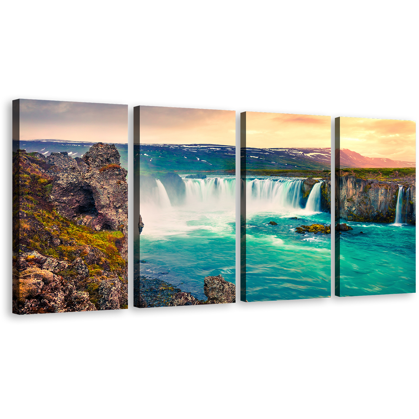 Europe Waterfall Canvas Wall Art, Brown Landscape Godafoss Waterfall 4 Piece Canvas Print, Sea Green Skjalfandafljot River Multiple Canvas