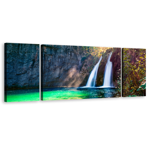 Europe Waterfall Canvas Wall Art, Green Autumn Scene Waterfall 3 Piece Canvas Print, White Pure Water Waterfall Multiple Canvas