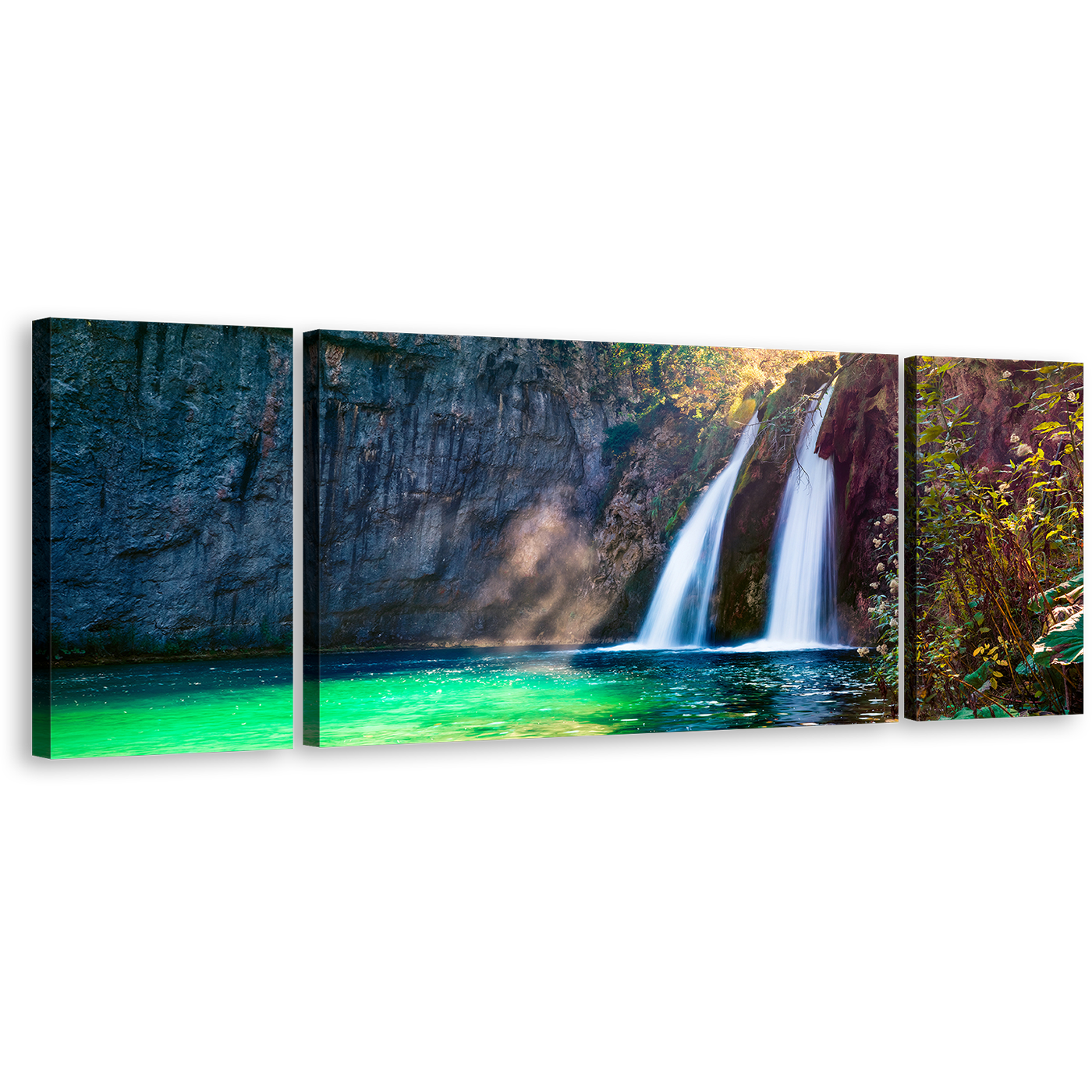 Europe Waterfall Canvas Wall Art, Green Autumn Scene Waterfall 3 Piece Canvas Print, White Pure Water Waterfall Multiple Canvas