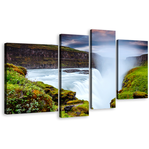 Europe Waterfall Canvas Wall Art, White Iconic Waterfall 4 Piece Canvas Set, Green Waterfall Landscape Golden Falls Canvas Print