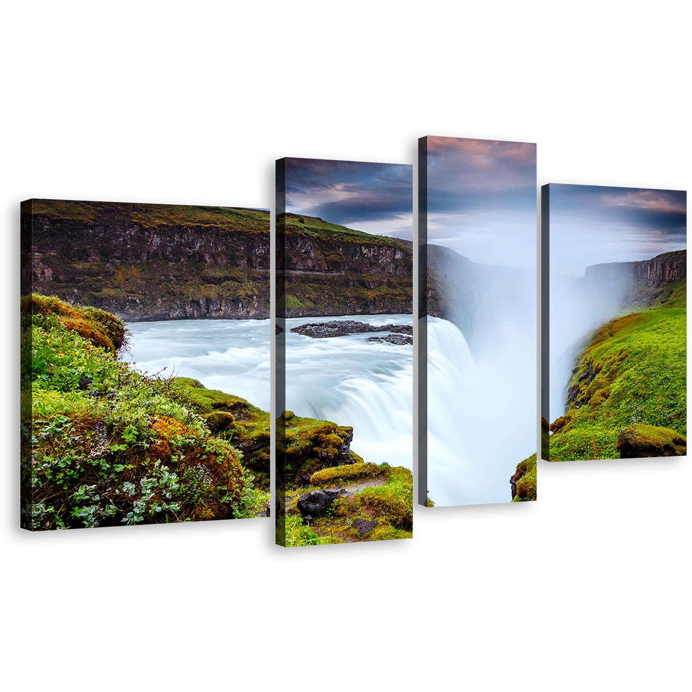 Europe Waterfall Canvas Wall Art, White Iconic Waterfall 4 Piece Canvas Set, Green Waterfall Landscape Golden Falls Canvas Print