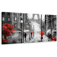 Load image into Gallery viewer, European Cityscape Wall Art, Red Umbrella Tree Triptych Canvas Print, Grey Paris City Canvas Set
