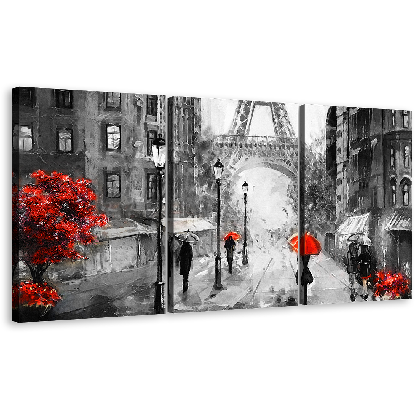 European Cityscape Wall Art, Red Umbrella Tree Triptych Canvas Print, Grey Paris City Canvas Set