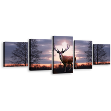 Load image into Gallery viewer, European Deer Canvas Wall Art, Grey Sky Fallow Deer Forest Wildlife 5 Piece Canvas Print, Orange Sunset Animal Land Canvas Set
