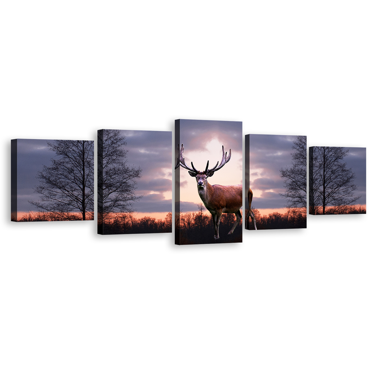 European Deer Canvas Wall Art, Grey Sky Fallow Deer Forest Wildlife 5 Piece Canvas Print, Orange Sunset Animal Land Canvas Set