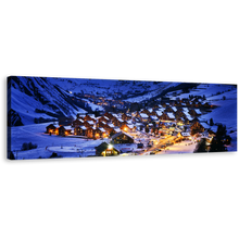 Load image into Gallery viewer, Evening Landscape Canvas Wall Art, Yellow Lights Ski Resort 1 Piece Canvas Artwork, Saint jean d&#39;Arves Blue Mountain Canvas Print
