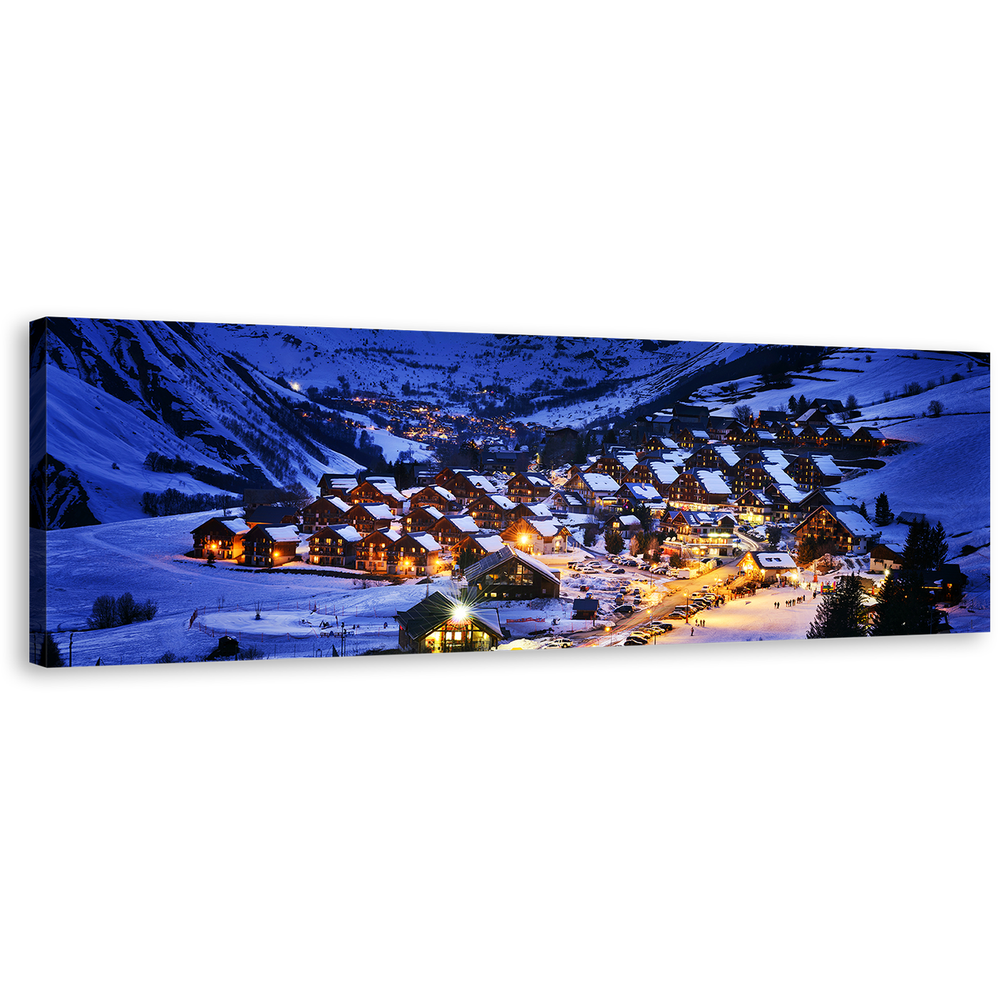 Evening Landscape Canvas Wall Art, Yellow Lights Ski Resort 1 Piece Canvas Artwork, Saint jean d'Arves Blue Mountain Canvas Print