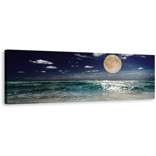 Evening Moon Canvas Print, Blue Night Sky Beach 1 Piece Canvas Print, Green Sea Waves Canvas Art