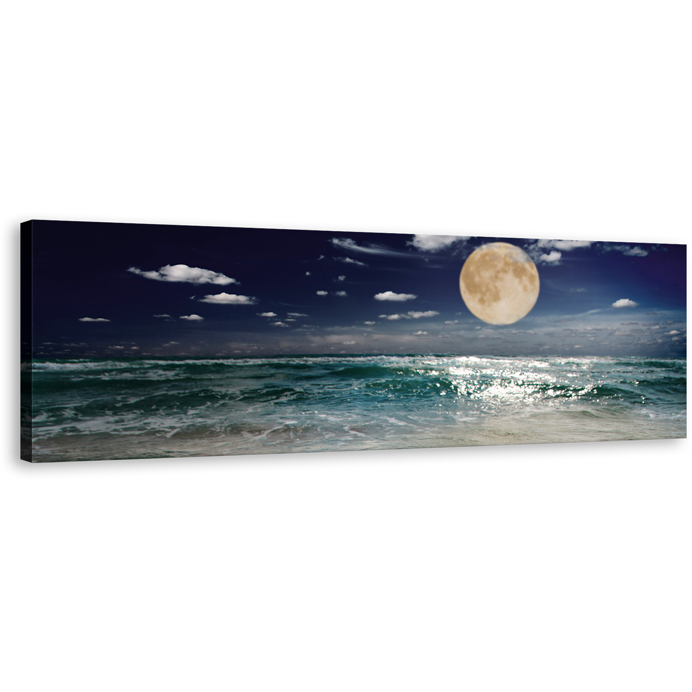 Evening Moon Canvas Print, Blue Night Sky Beach 1 Piece Canvas Print, Green Sea Waves Canvas Art