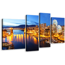 Load image into Gallery viewer, Evening Skyline Canvas Print, Blue Sky Vancouver Harbor Mountain Canvas Set, Yellow Canal City Lights 4 Piece Canvas Wall Art
