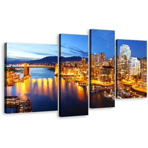 Evening Skyline Canvas Print, Blue Sky Vancouver Harbor Mountain Canvas Set, Yellow Canal City Lights 4 Piece Canvas Wall Art