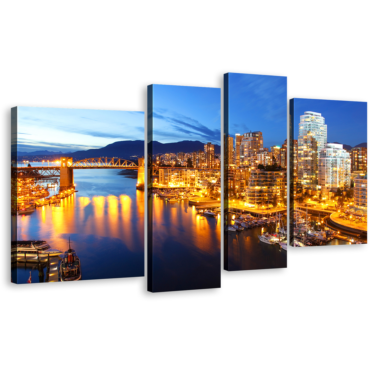 Evening Skyline Canvas Print, Blue Sky Vancouver Harbor Mountain Canvas Set, Yellow Canal City Lights 4 Piece Canvas Wall Art