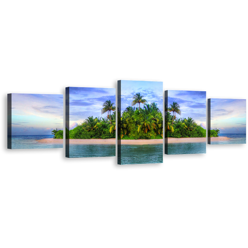 Exotic Ocean Canvas Wall Art, Blue Sky Ocean Beaches 5 Piece Canvas Print, Green Tropical Island Palm Trees Canvas Set